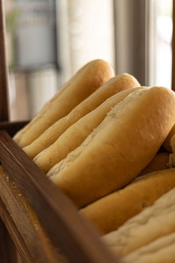 Fresh baguettes in the bakery basket