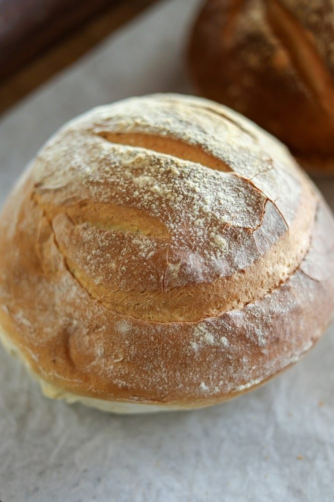 A round artisanal loaf dusted with flour