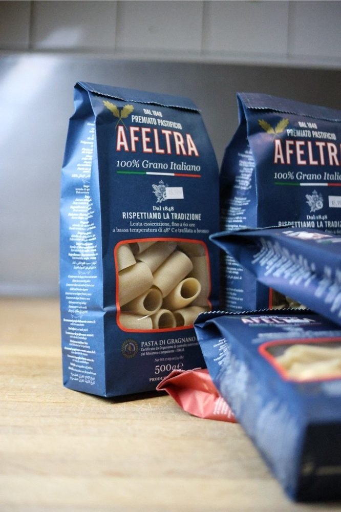 Imported Italian dry pasta on the shelf