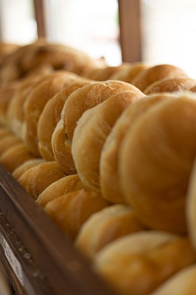 Fresh bread rolls in the bakery